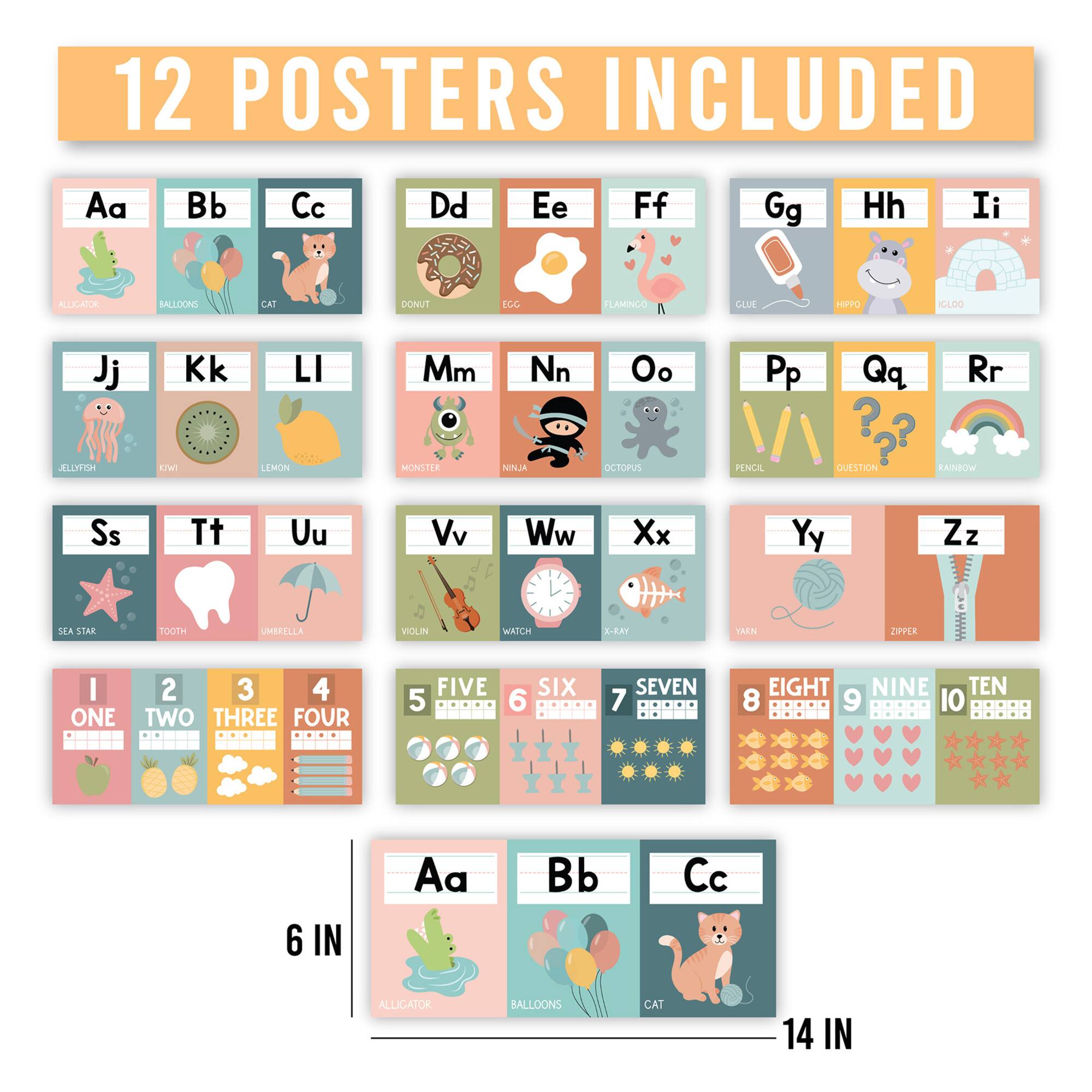 Hadley Designs 6" x 14" Boho Muted Number Line & Alphabet Letters for Classroom Wall Set